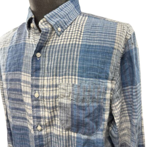 J Crew 100% Linen Slim Blue Plaid Patchwork long sleeve Button Down Size L - Picture 3 of 9